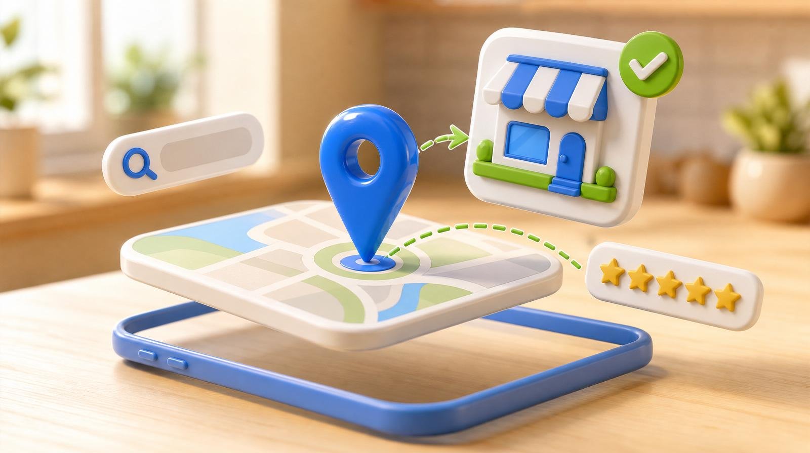 Glossy blue 3D map card with a big location pin, a floating storefront tile with a green checkmark, and a 5-star rating badge on a light maple counter