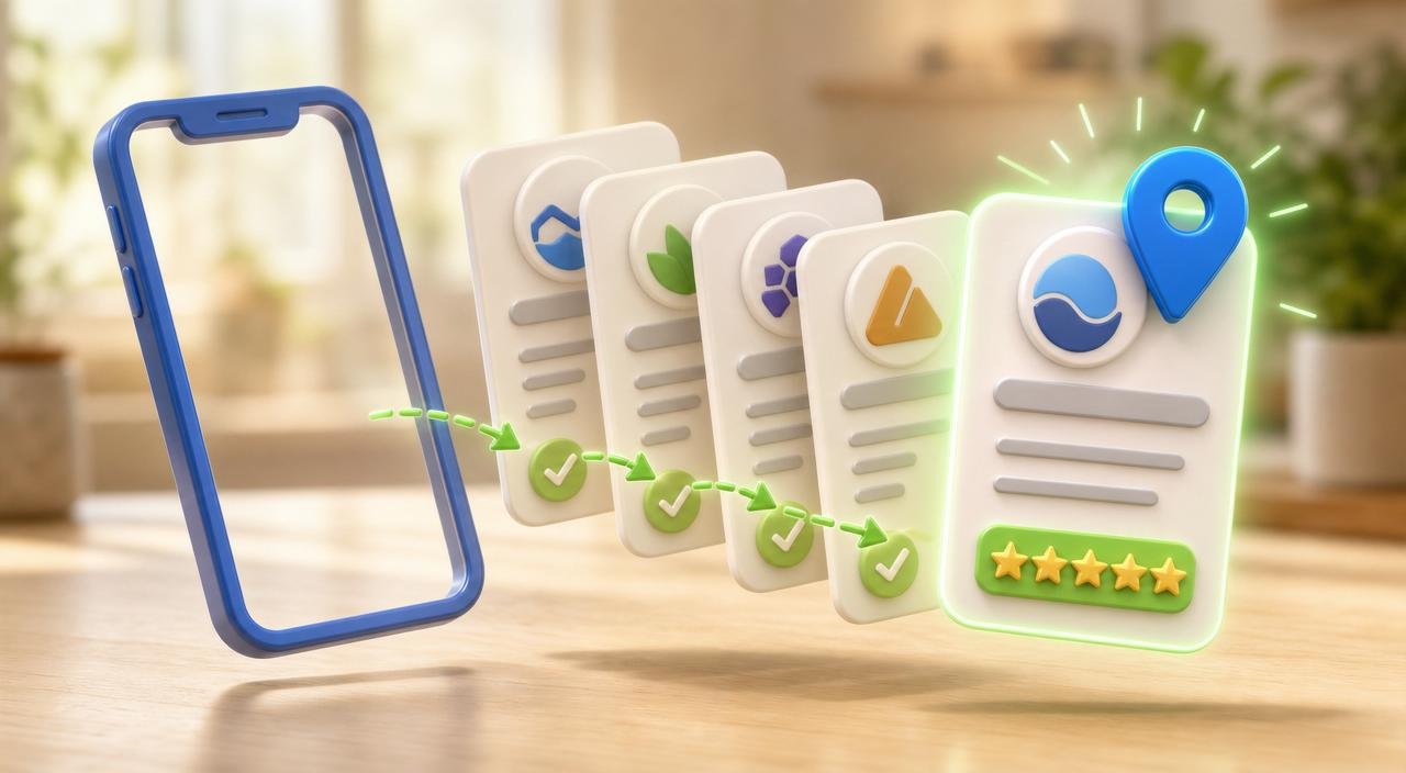 Fanned stack of glossy 3D directory profile cards with green checkmark badges and one card highlighted with a location pin and star strip