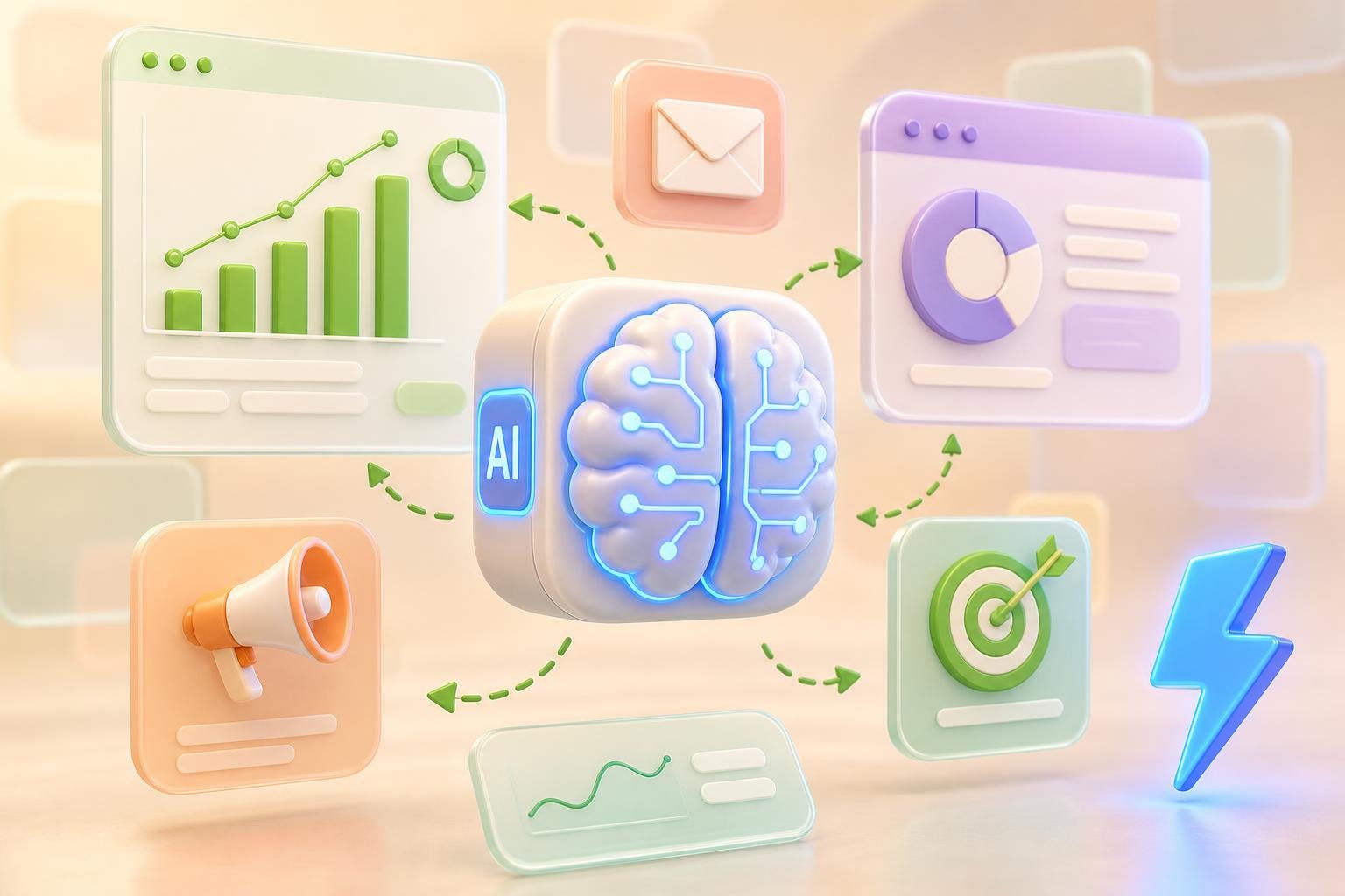 Glossy 3D AI-brain cube with blue circuitry seams surrounded by floating marketing UI cards (chart, envelope, megaphone, target) connected by green dashed arrows.