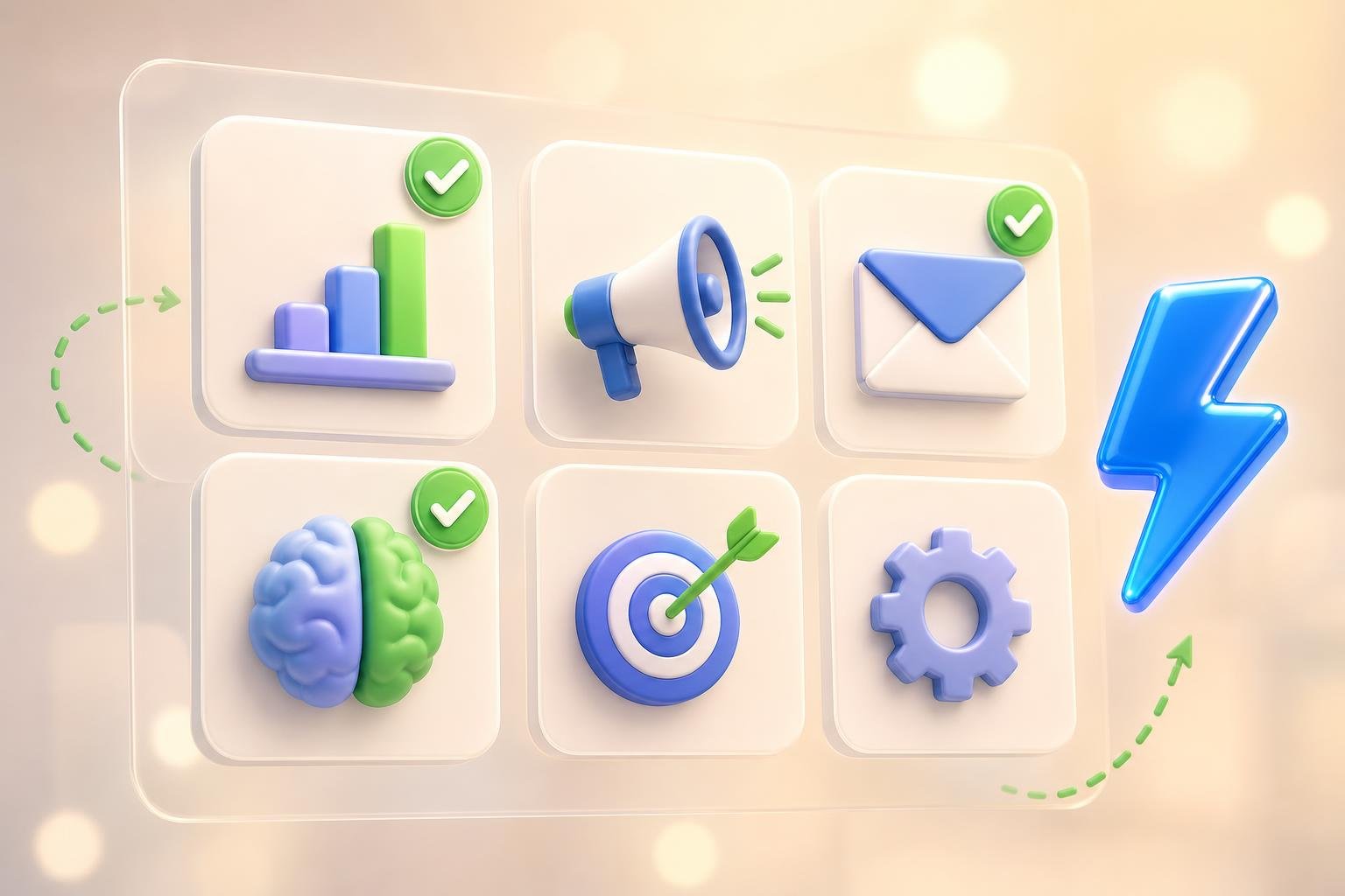 3D comparison grid of six rounded tool tiles with abstract icons (chart, megaphone, envelope, brain, target, gear), three topped with green checkmark badges and a blue lightning-bolt accent.