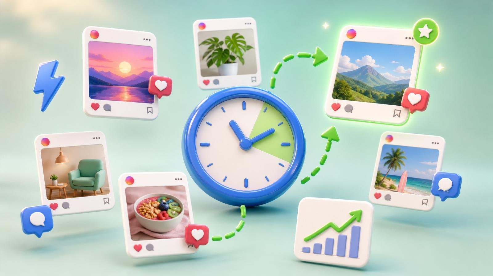 Glossy blue 3D clock hovering over floating Instagram-style post cards on a pastel mint backdrop, a green trending arrow marking the winning slot