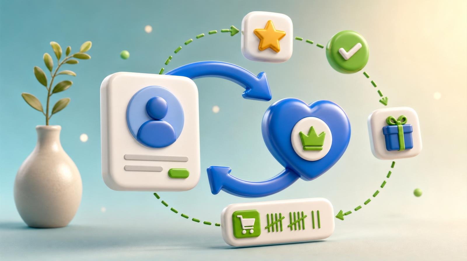 3D blue circular arrow looping between a customer profile card and a heart-shaped loyalty token with floating retention badges (star, gift, check) — representing a small business customer retention loop.