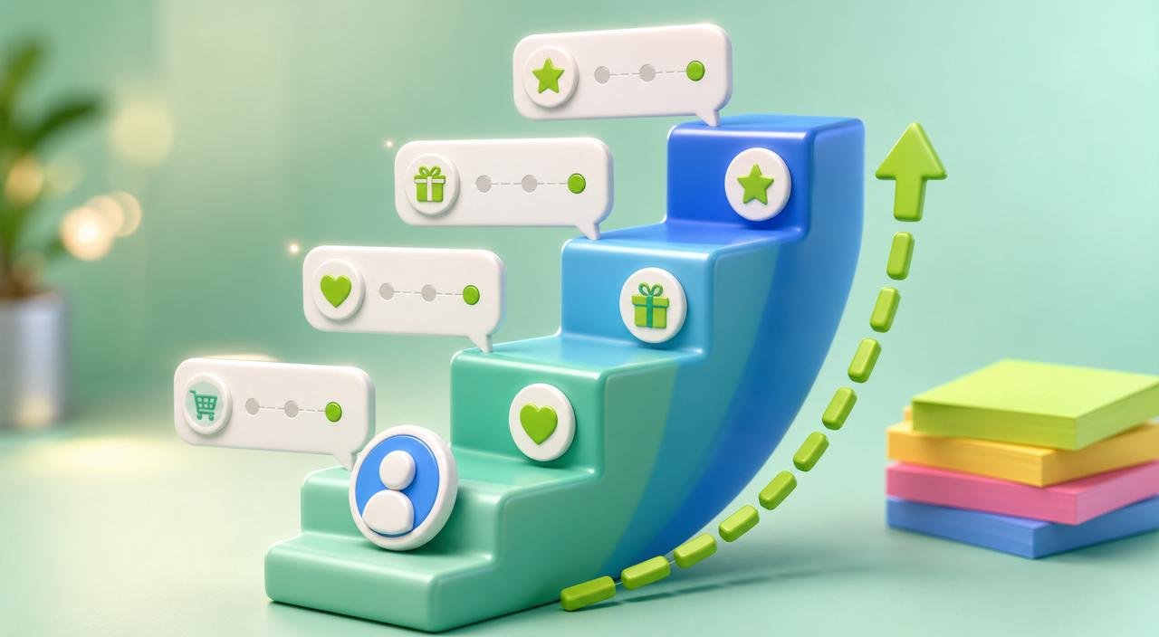 3D customer journey ladder with rising mint and blue glossy steps and a small avatar climbing from 'first purchase' to 'loyal repeat', floating retention badges at each step — representing the customer retention ladder.
