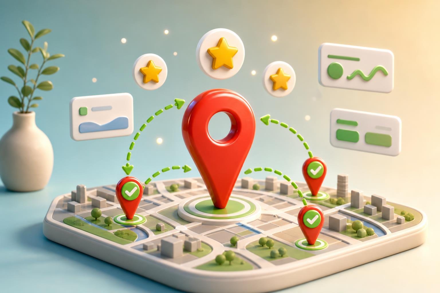 Stylized 3D city map with a glossy red map-pin centered, three smaller pins with green checkmark badges, and gold star tokens above — representing Google Maps marketing.