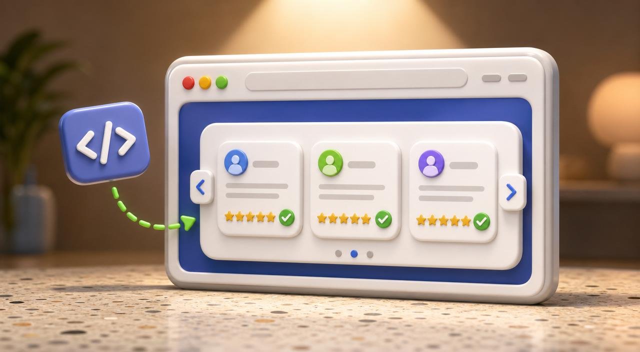 3D website browser frame with a glossy reviews carousel embedded inside, three rounded review tiles sliding sideways with gold star rows and green verified checks, and a small embed-code bracket icon floating beside — representing a live Google reviews widget on a website.