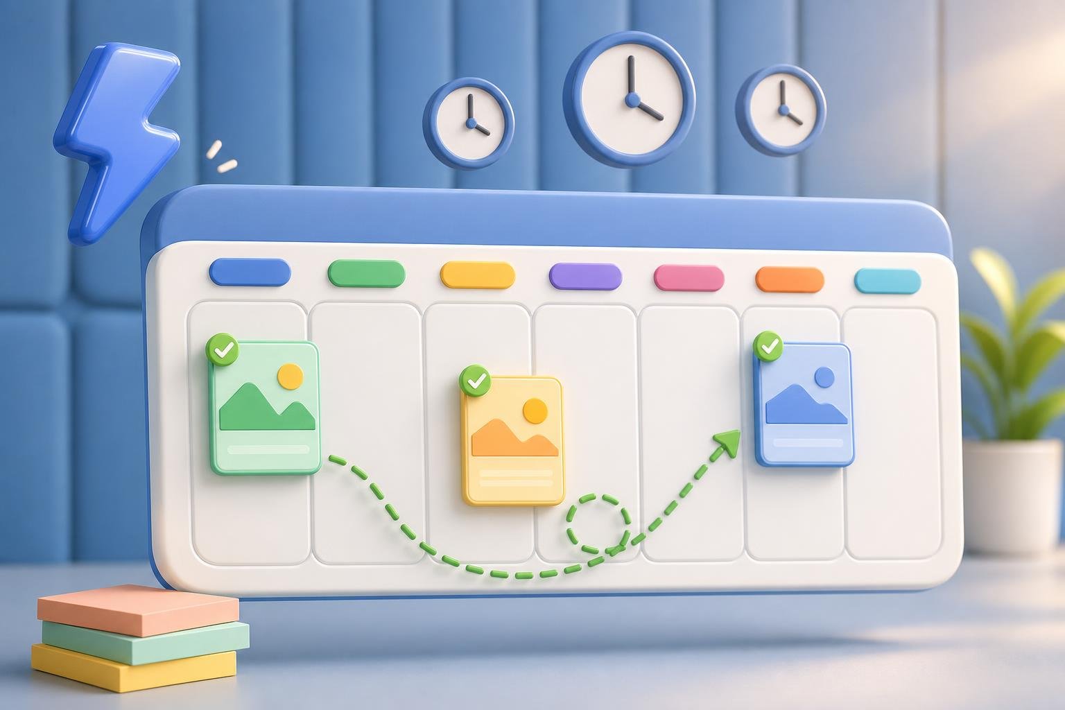 3D weekly calendar grid with seven day cells, three glossy post cards landing on different days, dashed green arrow looping through the days, clock icons floating above.