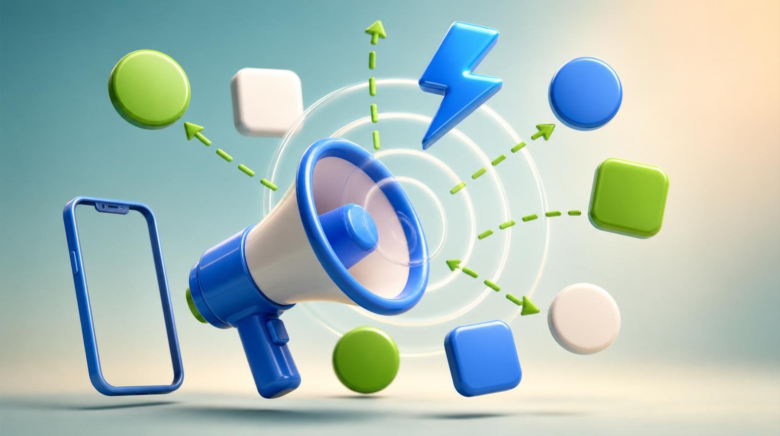 Chunky 3D megaphone with concentric ripple rings, floating blank brand tokens, glossy blue lightning-bolt and green dashed arrows — representing building brand awareness.
