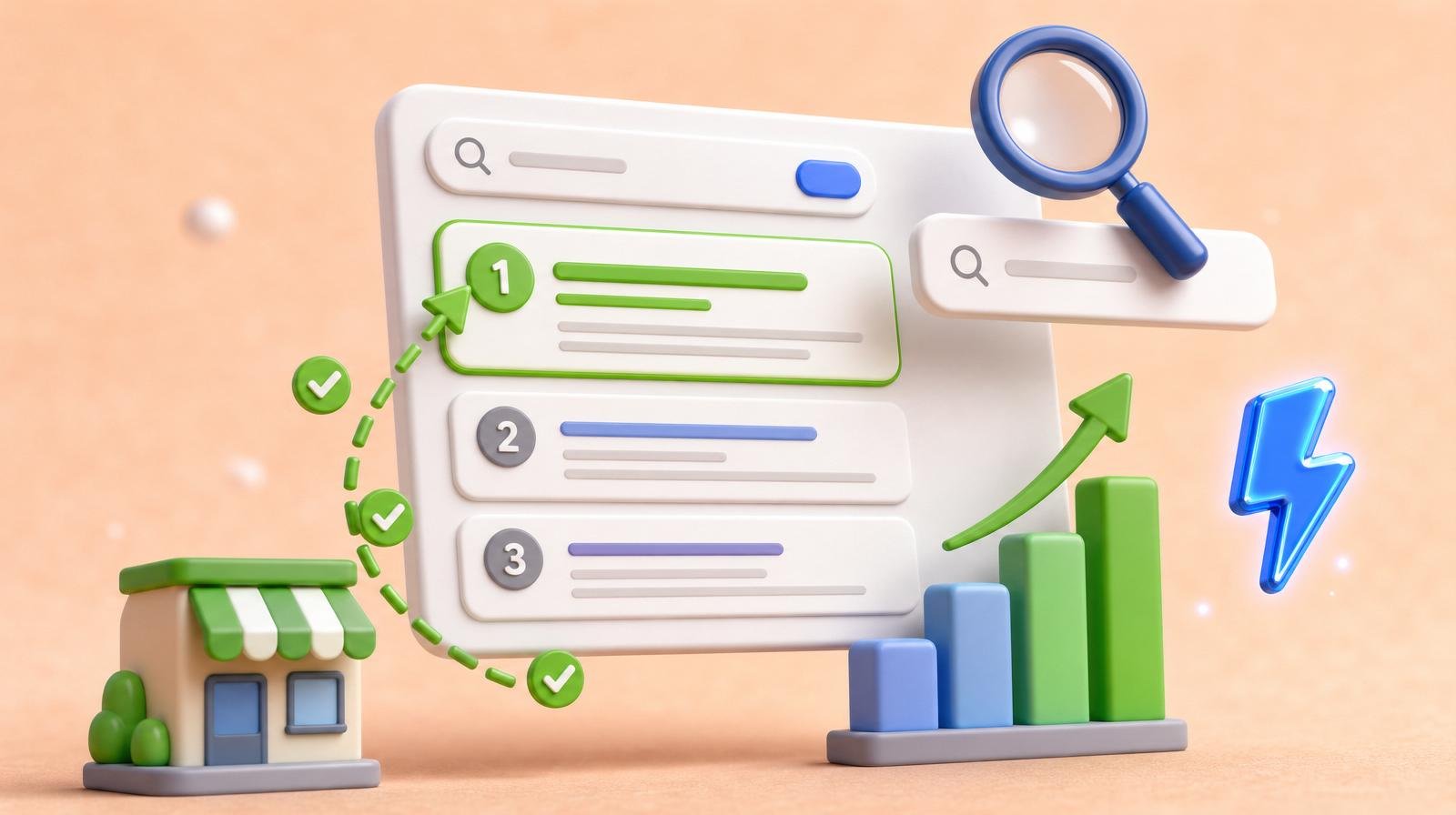 3D illustration of a floating search-result card with a green dashed arrow curving from a small storefront up toward the #1 position, alongside a rising bar chart and a glossy blue lightning-bolt accent — representing SEO improvement for a small business.