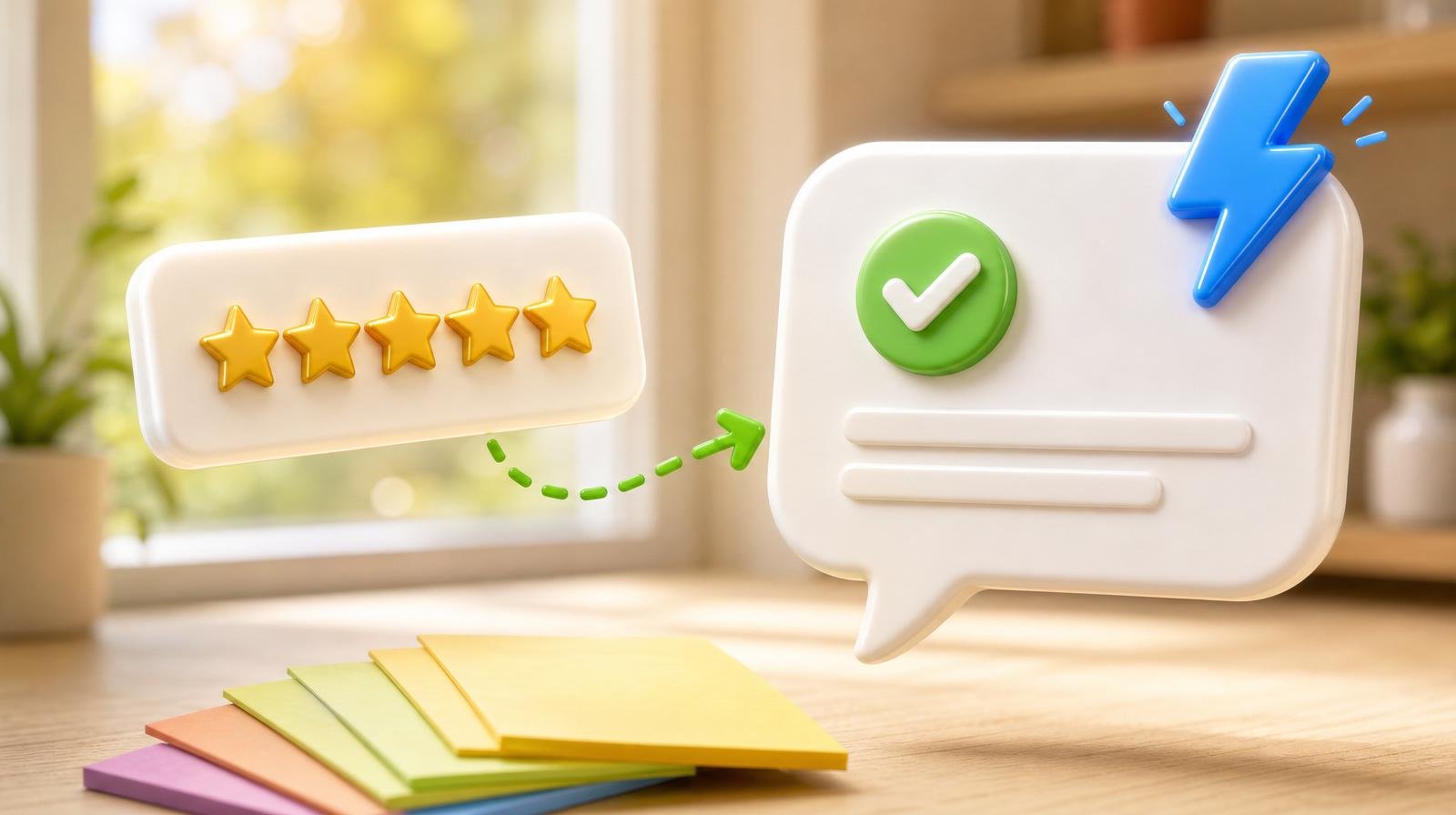 3D floating review card with five gold stars connected by a green dashed arrow to a large speech-bubble reply card with a green checkmark and blue lightning-bolt — representing responding to Google reviews.