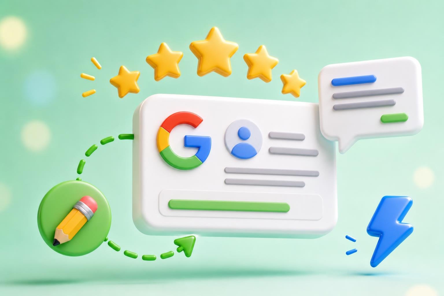 3D Google-style review card with five gold stars, a speech bubble, and a pencil icon connected by green dashed arrows — illustrating how to write a Google review.