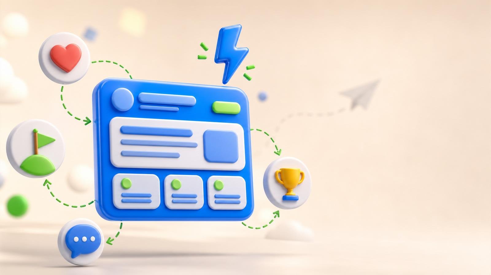 Glossy 3D blue webpage card with an About-style header, surrounded by smaller floating 3D story tokens (heart, flag, speech bubble, trophy) connected by green dashed arrows — representing the sections of an About Us page.