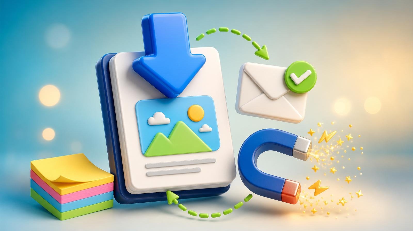 3D lead magnet with a glossy blue download arrow over a stylized ebook card, a floating email envelope with green checkmark, and a magnet attracting sparkles — representing irresistible lead magnet ideas.