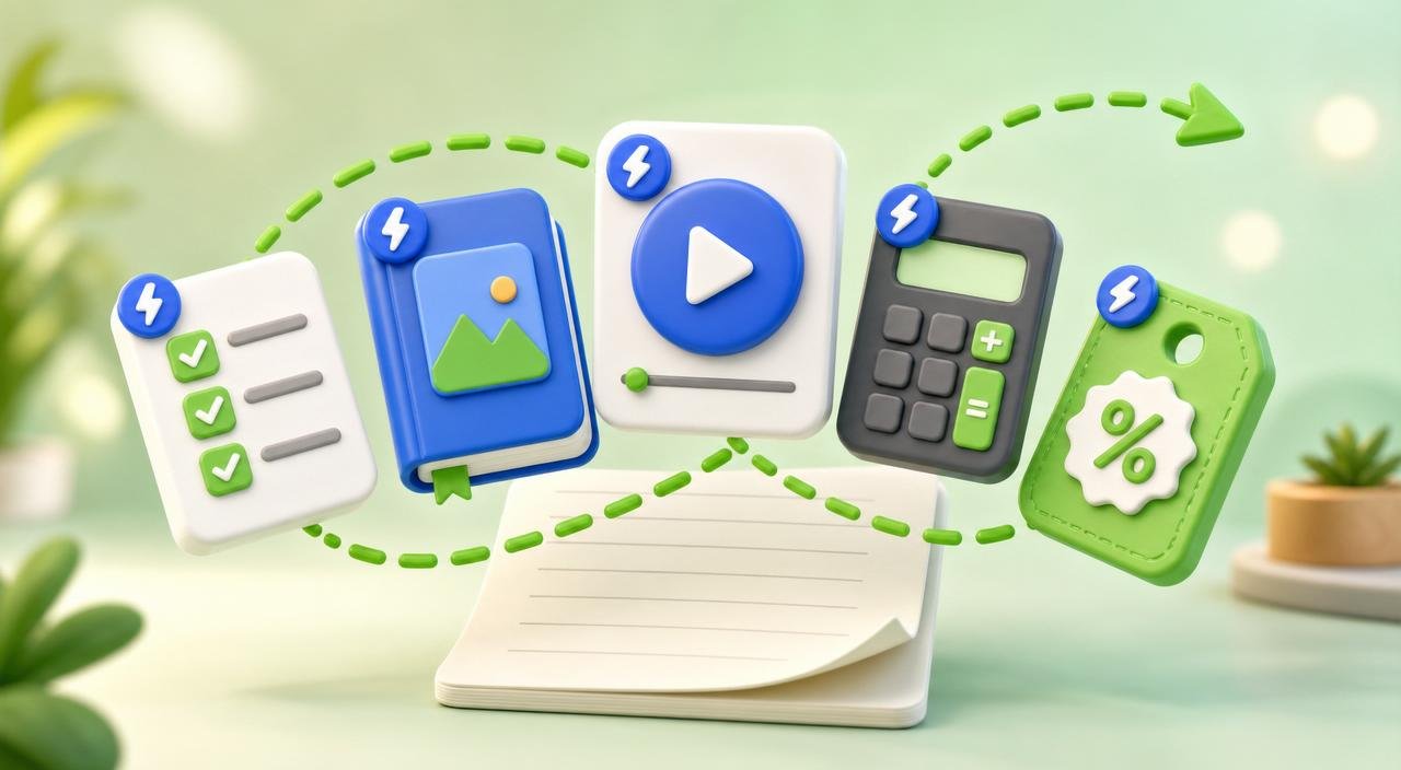 3D fan of five lead magnet tokens — a checklist card, a small ebook, a video play button, a calculator, a discount tag — connected by a green dashed arrow loop, representing variety in lead magnet ideas.