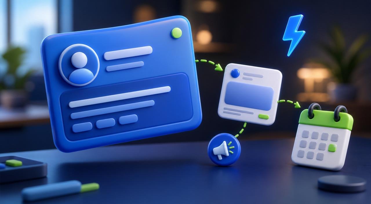 Glossy 3D LinkedIn-style profile card with green dashed arrows connecting to a smaller post bubble, a chunky calendar tile, and a floating megaphone token — representing a weekly LinkedIn posting cadence.