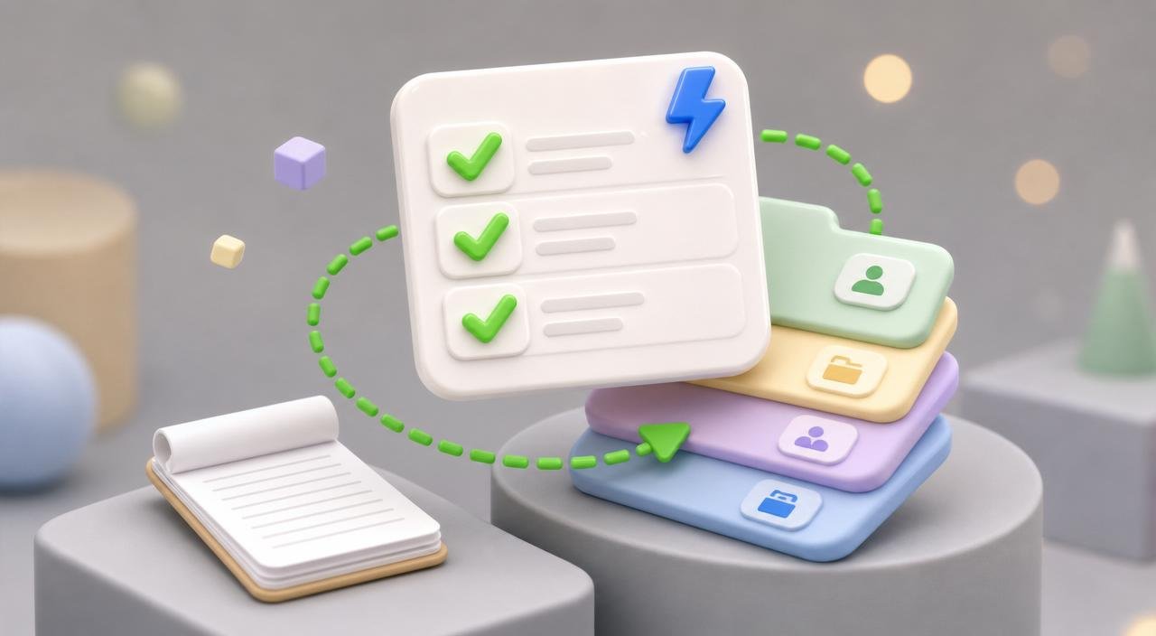 Chunky 3D checklist card floating above stacked pastel directory tiles with green checkmarks and a blue lightning-bolt badge, representing a local citation building checklist.