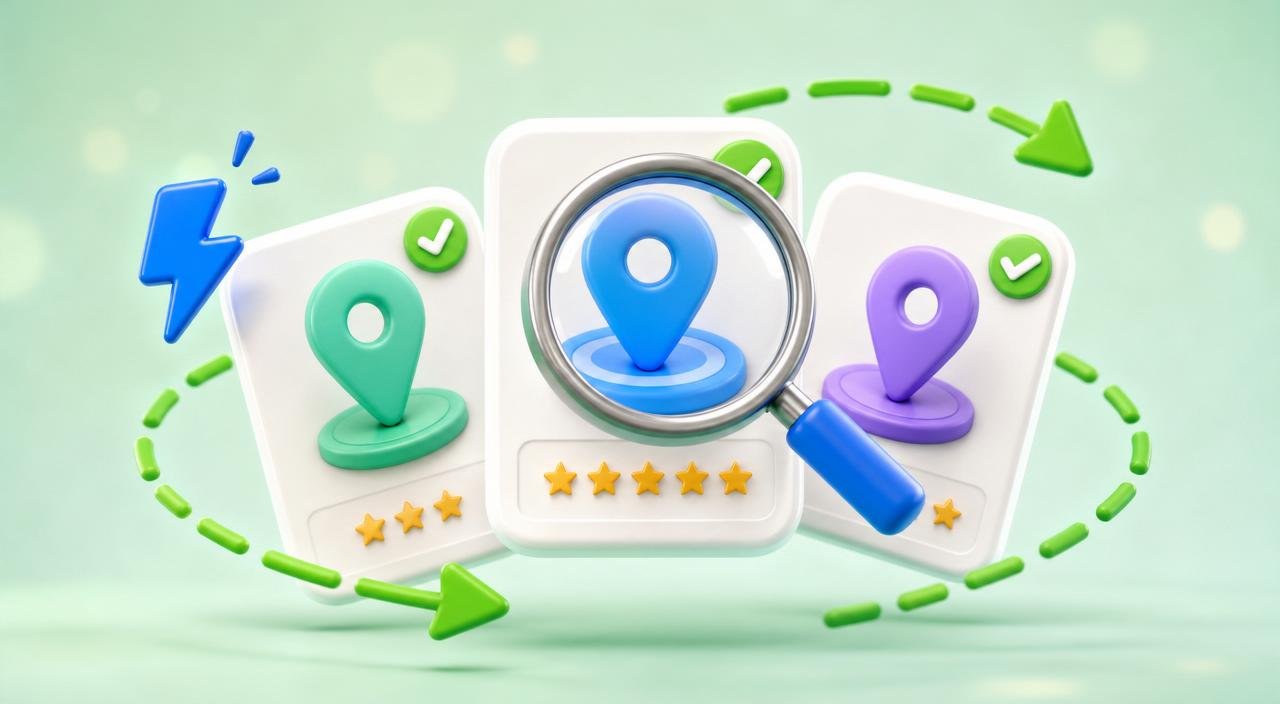 Three glossy 3D directory pin tiles arranged in a fanned grid, each with a green checkmark badge, a magnifier hovering over the middle pin