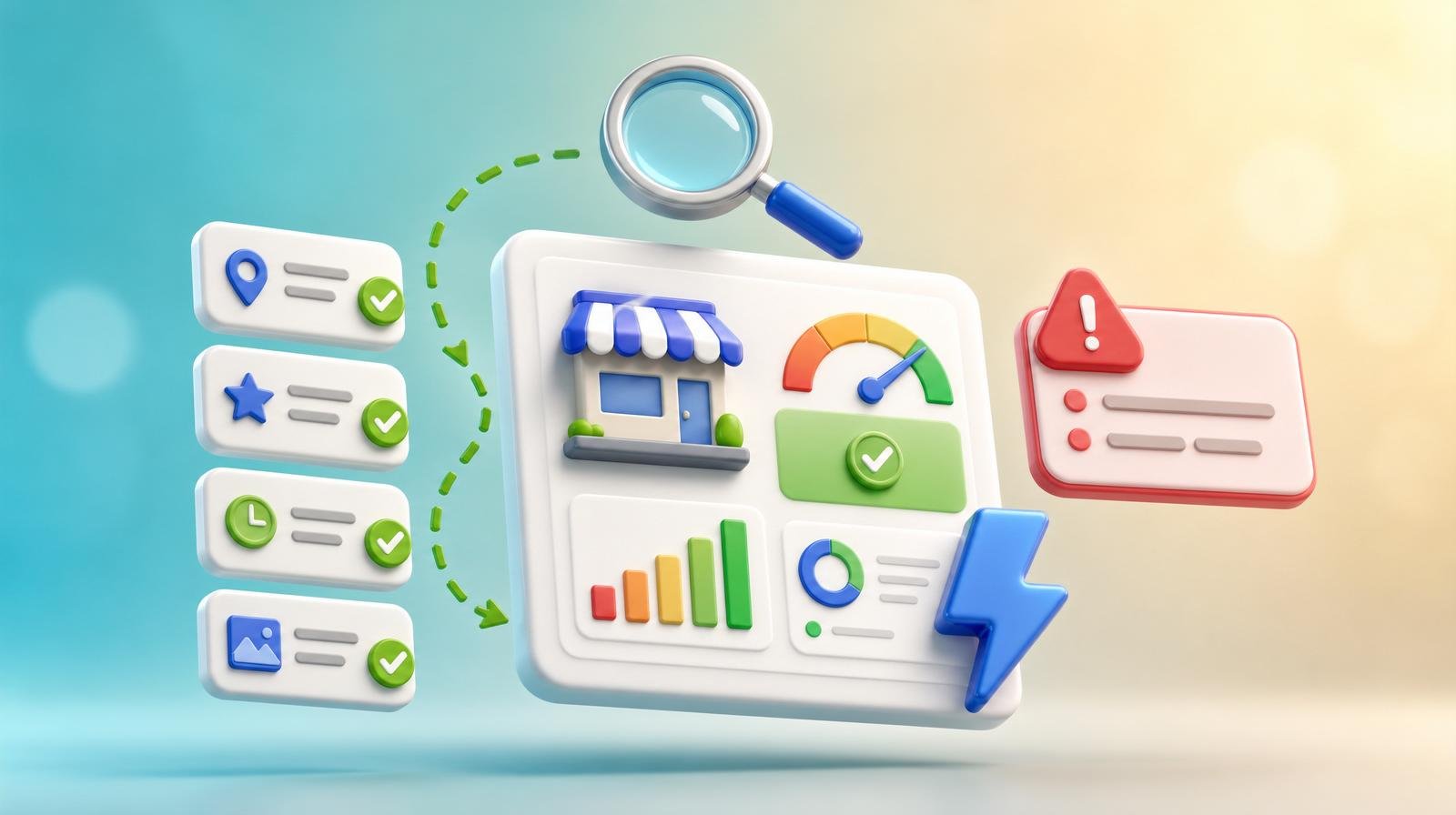 3D local business dashboard card with a magnifier icon and a stack of checklist tiles, a red warning tile off to the side, glossy blue lightning bolt across the corner