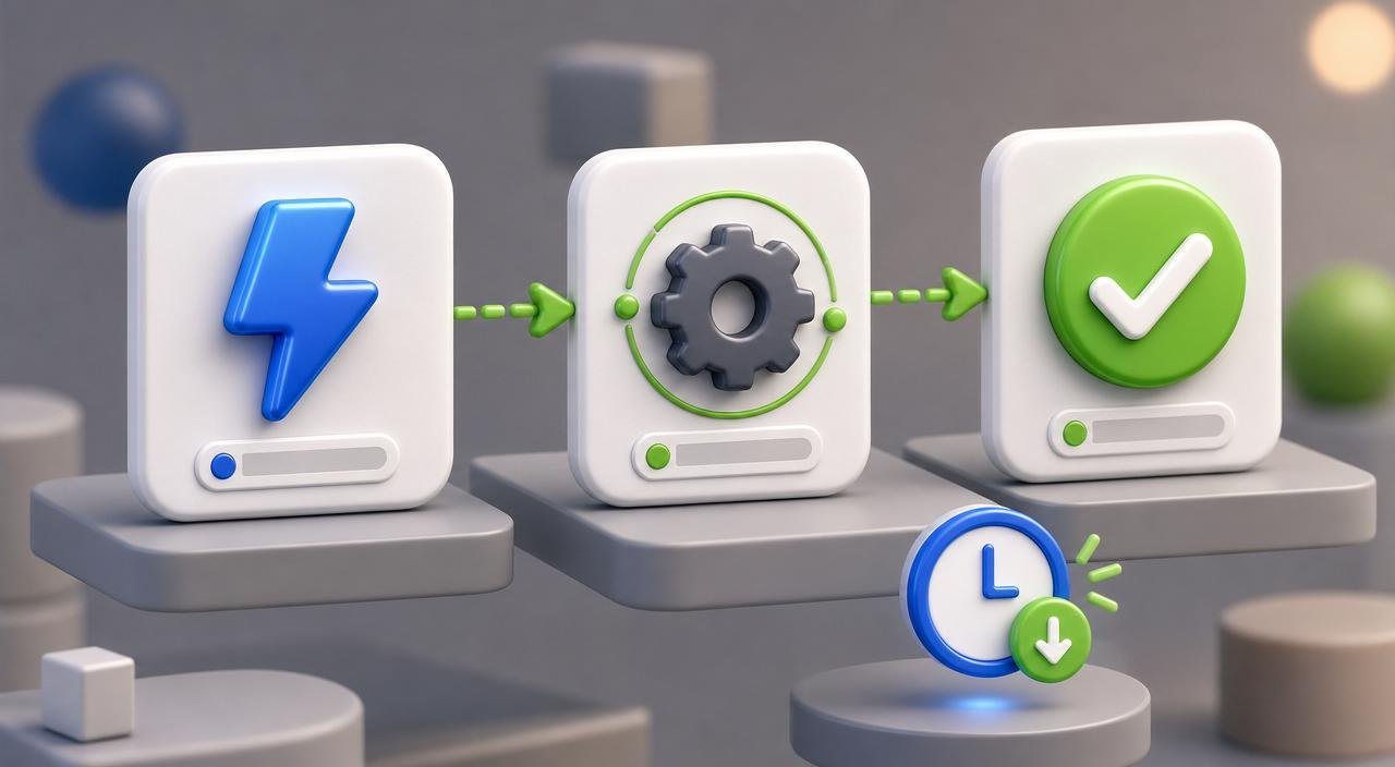 3D trigger-action-outcome chain with a blue lightning bolt trigger, a gear action node, a green checkmark outcome, connected by green dashed arrows, plus a clock badge representing time saved — a small business automation workflow.