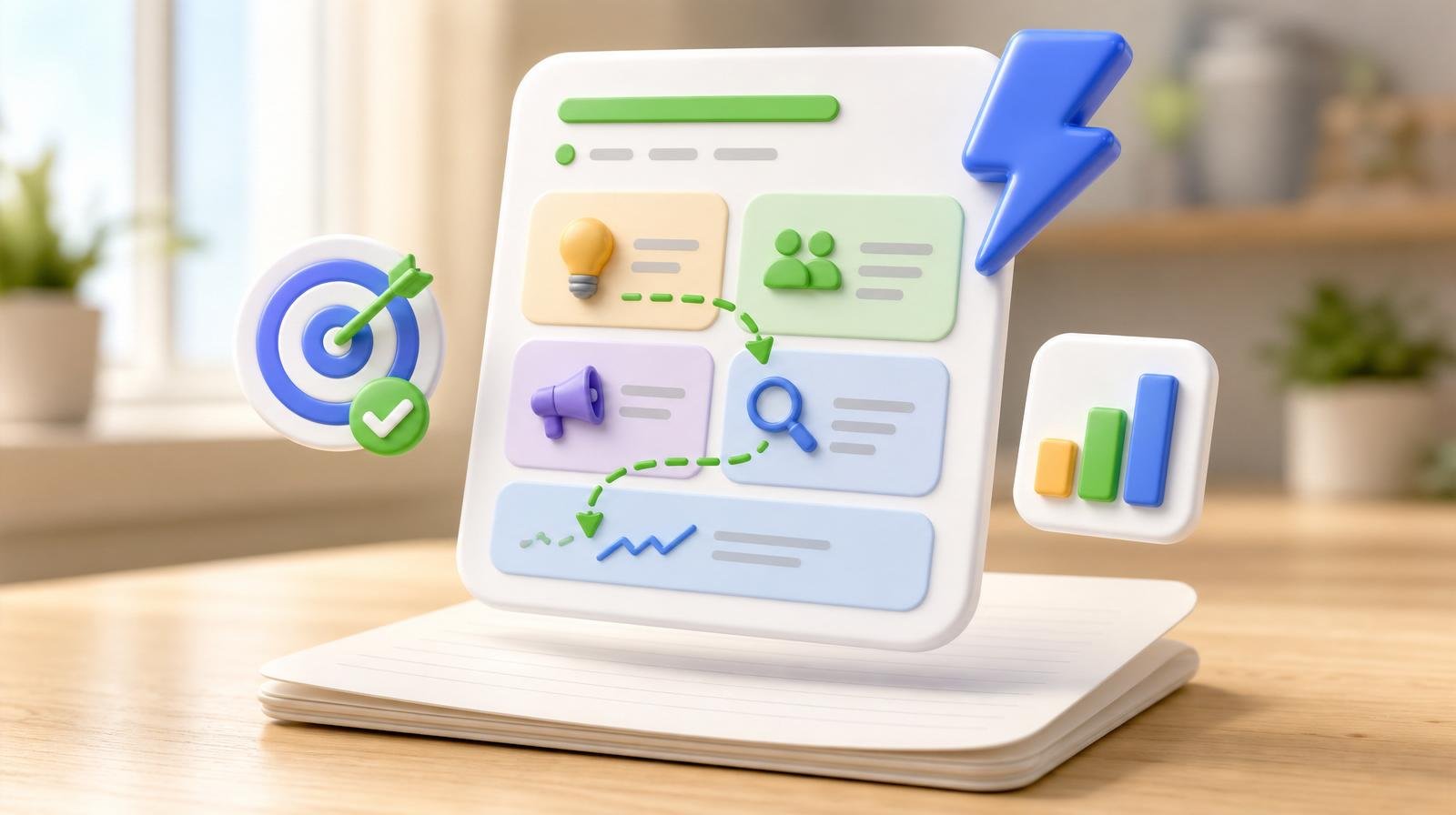 3D marketing plan template document with pastel section blocks, a floating target icon, a bar-chart tile, and a glossy blue lightning bolt in the corner