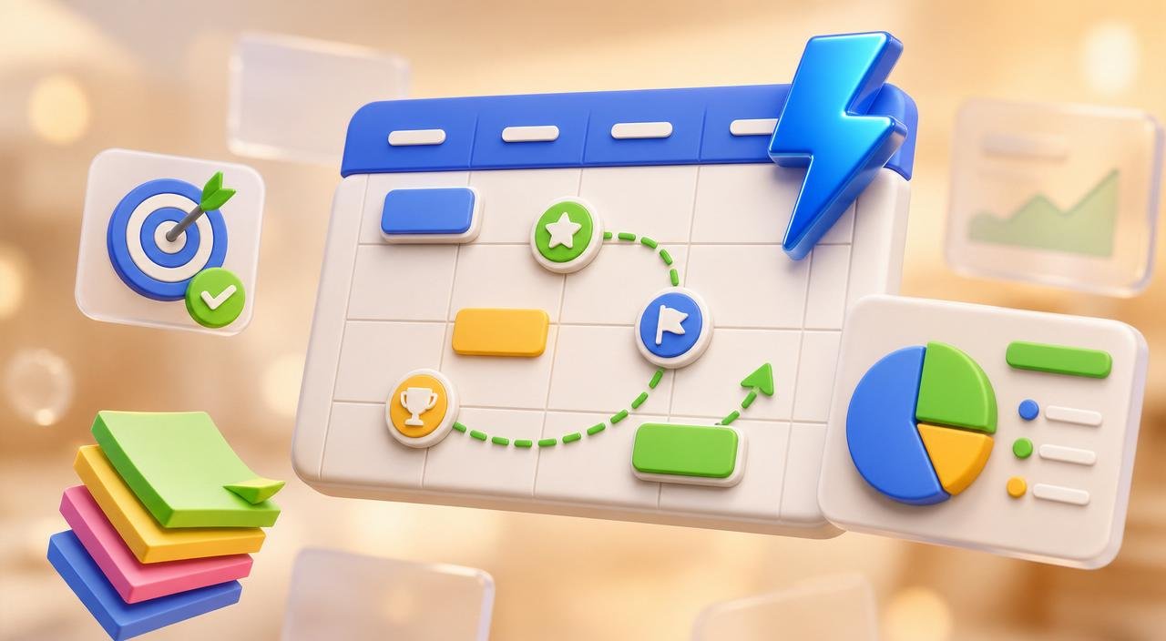 Chunky 3D quarterly calendar tile with floating milestone tokens, budget pie chart on the right, stack of colored sticky notes on the left