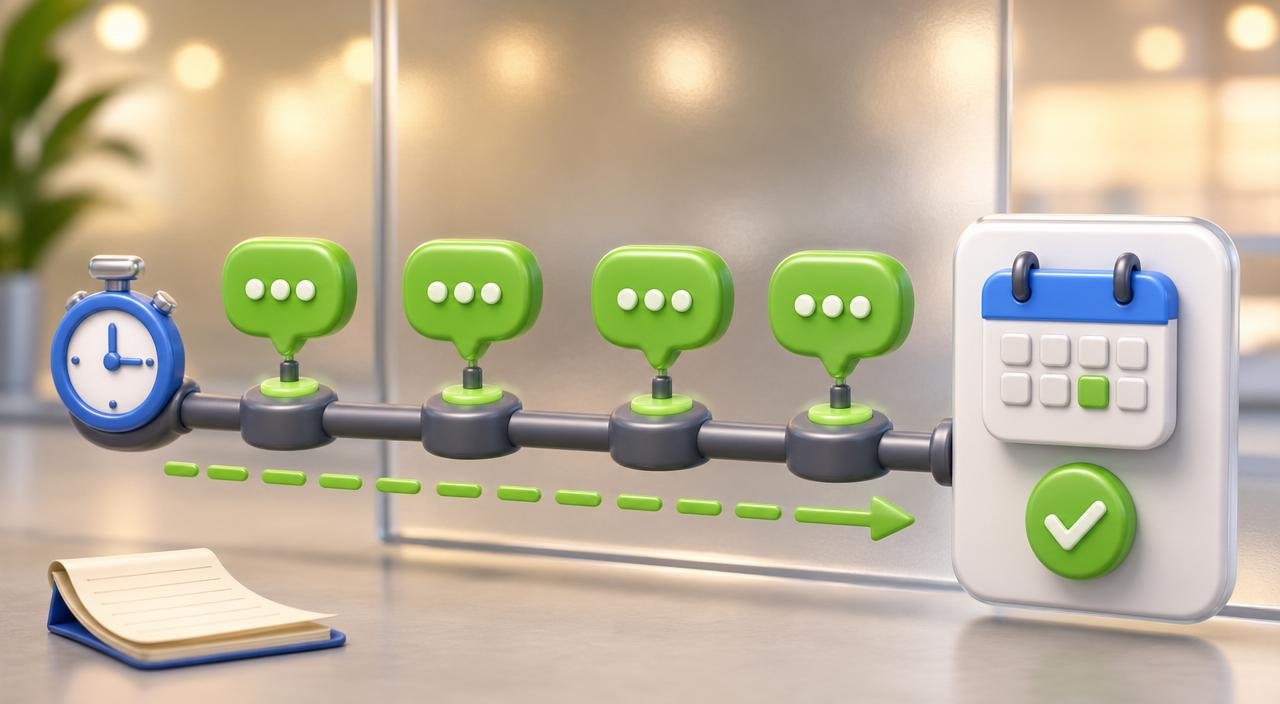 3D illustration of a timeline rail with four stop markers, a stopwatch at the first stop, green message bubbles rising from each marker, and a green dashed arrow ending at a booked-appointment card.