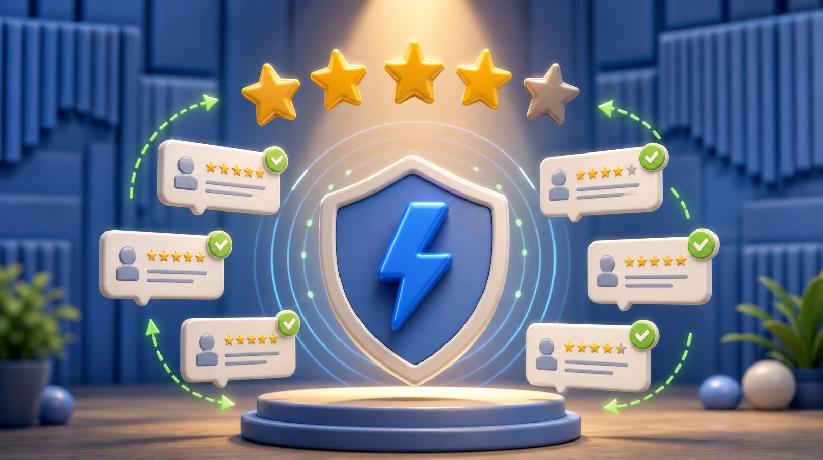 3D shield with a glossy blue lightning-bolt center surrounded by floating 5-star review tokens and review-bubble cards with green checkmarks, on a powder-blue acoustic-panel background — representing online reputation management.