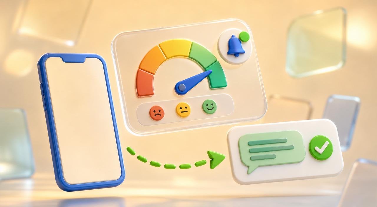 3D floating dashboard card showing an abstract review-score gauge, an alert-bell token with a green notification, and a green dashed arrow connecting a phone outline to a response-bubble card — representing continuous reputation monitoring and response.