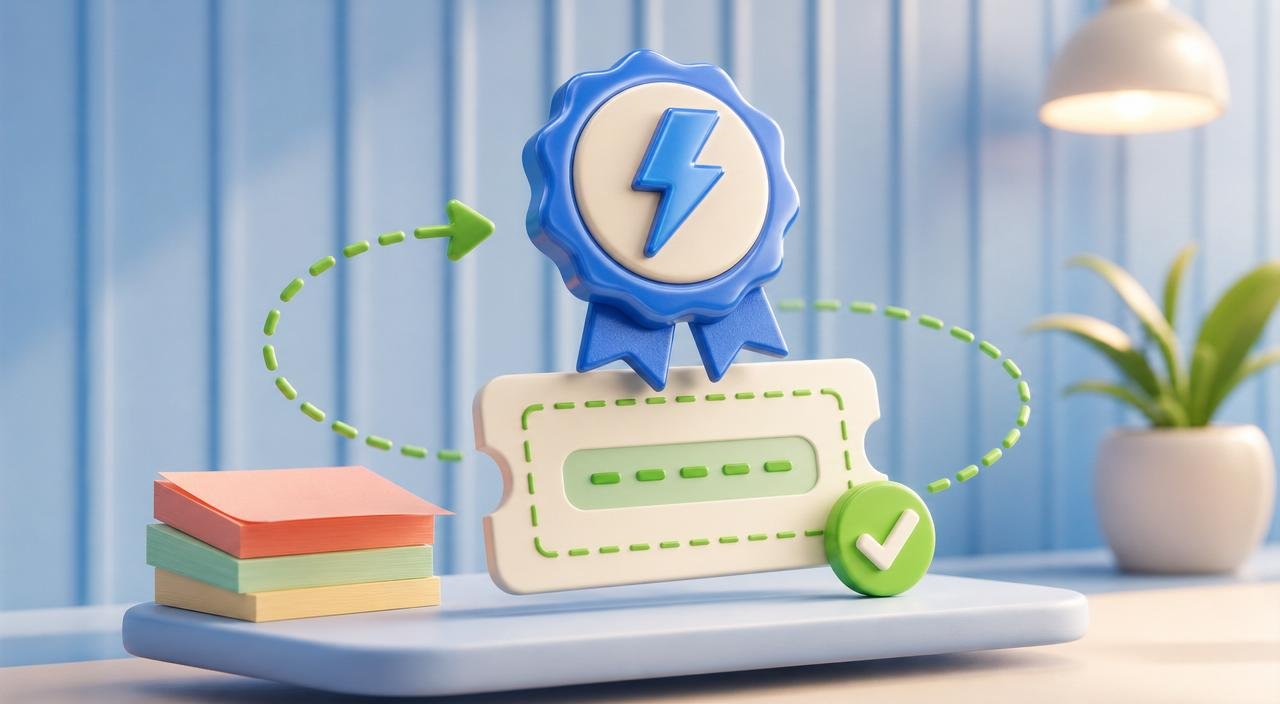 A glossy 3D reward-badge medallion floating above a stylized referral-code coupon card with a green checkmark and green dashed arrow looping around them.
