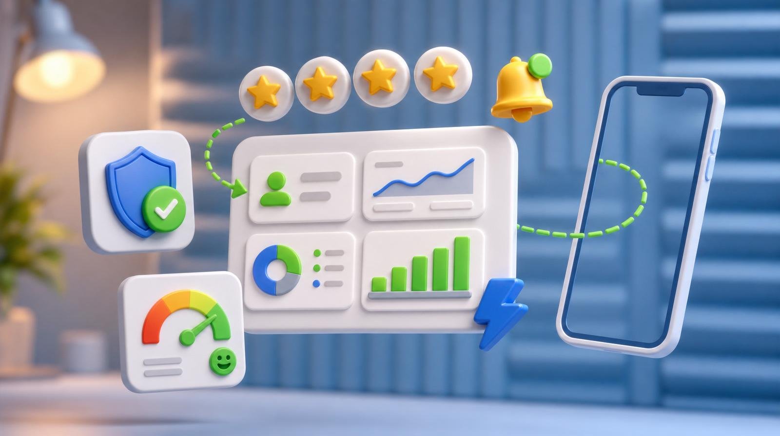 3D reputation dashboard card with floating 5-star tokens, a bell notification, a shield-with-check badge, and a stylized phone outline on the right