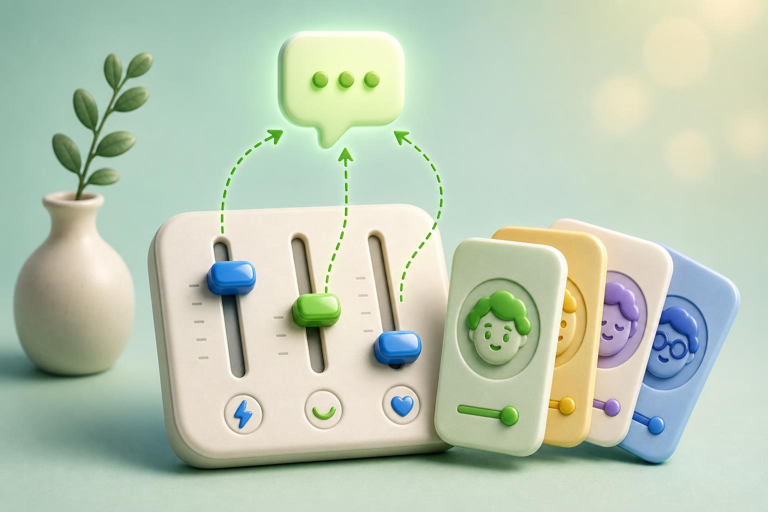 3D brand voice tuning console with three slider handles, a glowing speech-bubble token, and a stack of persona cards — illustrating how a brand's voice adjusts across personas while staying consistent.