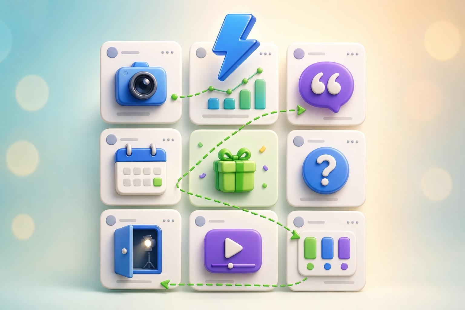 3D Pixar-style 3x3 mosaic of social-post idea cards — camera, chart, quote, calendar, gift, question, behind-the-scenes door, tutorial, and poll — with a glossy blue lightning bolt and green dashed arrow weaving through.