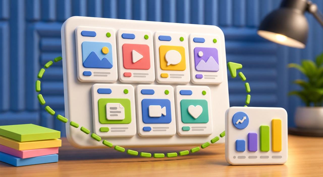 Chunky 3D weekly content calendar tile with seven post-card slots, a floating analytics bar-chart tile, and a green dashed cadence loop
